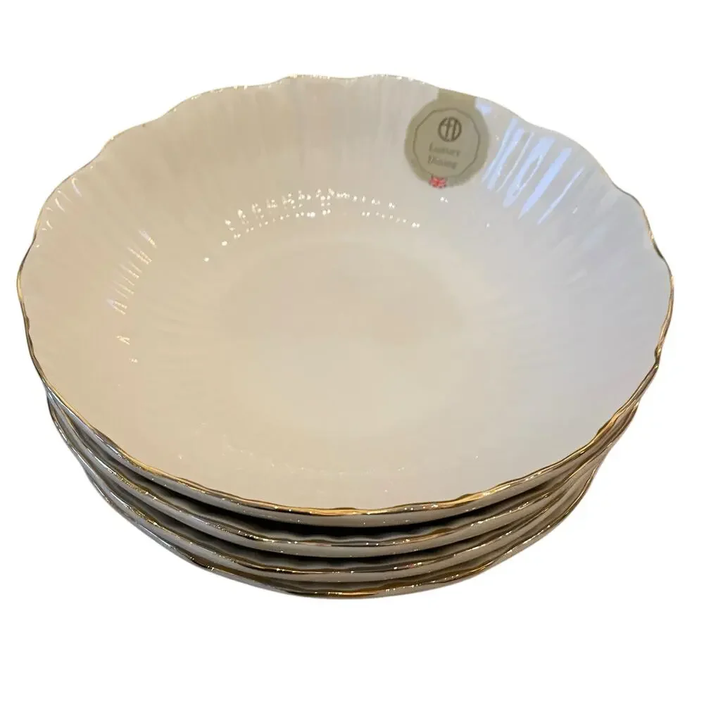 Eaton Fine Dining Porcelain 8.5in Pasta Bowl Set of 4 Aubrey White Gold Trim New